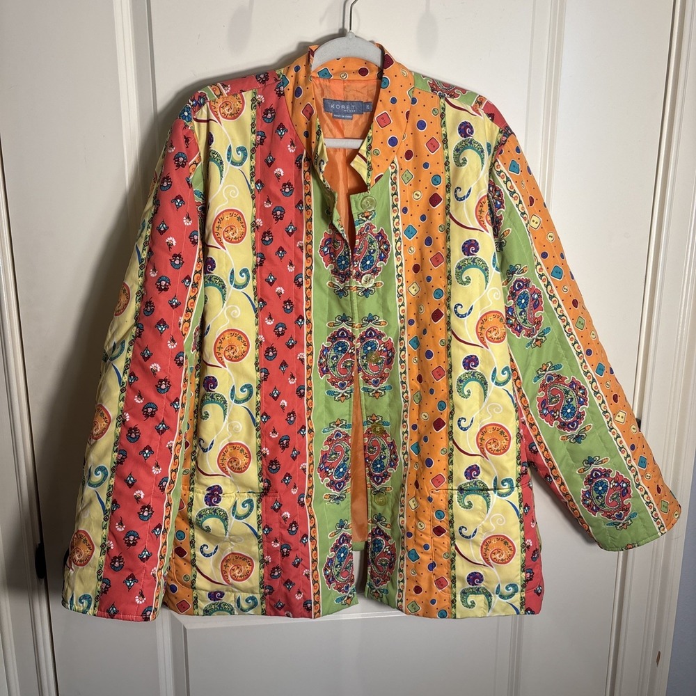 Koret Quilted Jacket Blazer Boho Colorful Button Up Size 2XL Lined Lightweight